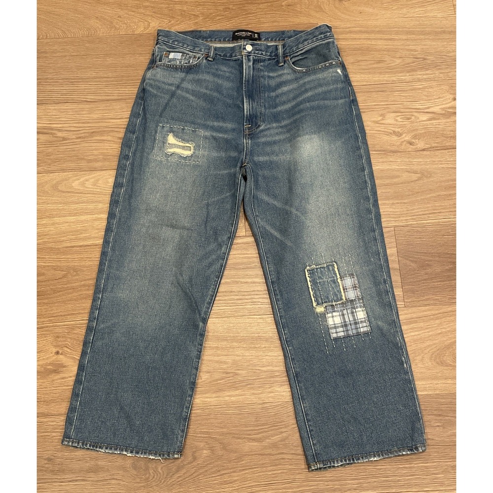 Abercrombie & Fitch Authentic Rigid Denim Baggy Jeans Men's 36x30 Blue Patchwork